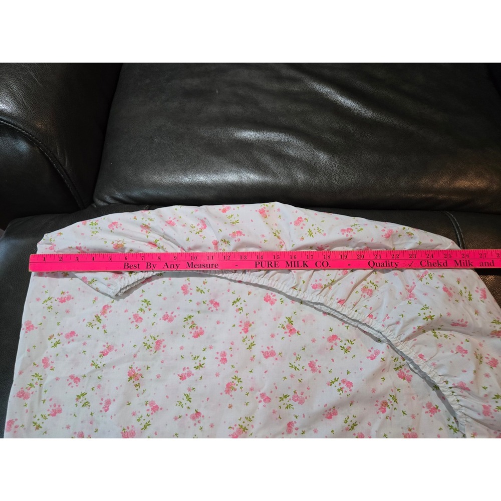 Vintage Full Fitted Sheet - pink flowers, green stems, white background